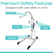 The image shows the Vive Health Bariatric Electric Patient Lift with an ergonomic design, labeling parts such as the lifting arm, actuator, transport handle, and 4 rear caster with brake. It highlights Advanced Safety Features—Designed with user safety in mind.