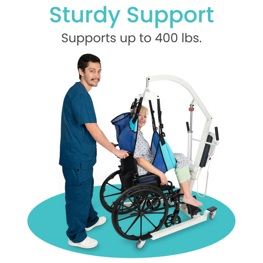 A nurse uses the Vive Health Bariatric Electric Patient Lift, designed with ergonomic features, to transfer a smiling patient into a wheelchair. The text says Sturdy Support and Supports up to 400 lbs, emphasizing mobility assistance and advanced safety features.