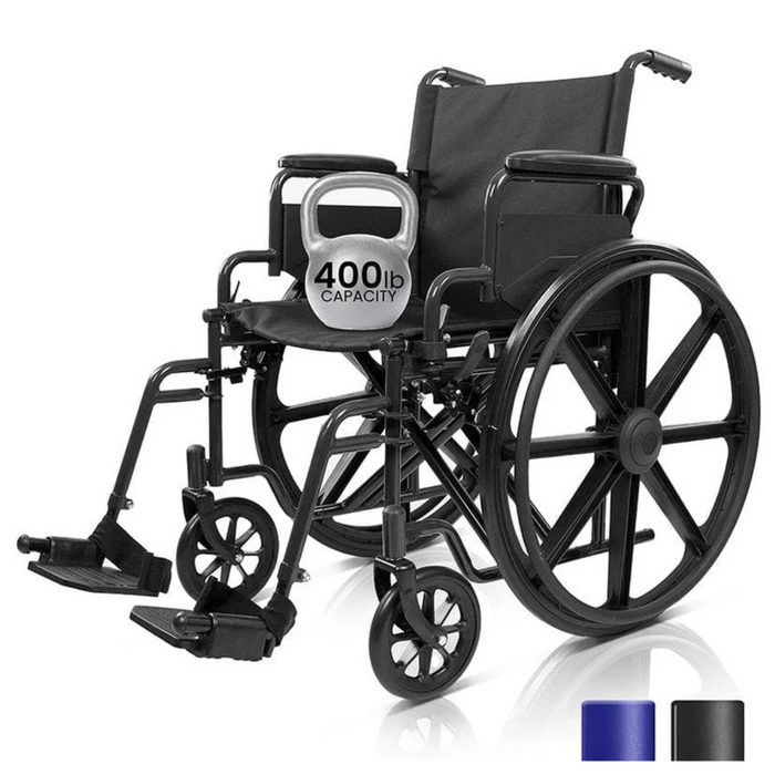 The Vive Health Heavy Duty Bariatric Transport Wheelchair is a durable, foldable model with a sturdy steel frame, armrests, footrests, and large rear wheels. It supports up to 400 lbs and is available in blue and black.