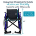 Image of the Vive Health Heavy Duty Bariatric Transport Wheelchair for adults with a sturdy steel frame ensuring maximum stability. It supports up to 400 lbs, weighs 45 lbs, with seat dimensions of 16 width, 18 height, and 20 depth; overall width is 27, and height is 42.