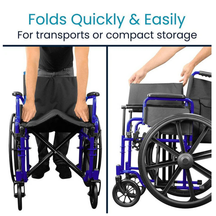 A person shows folding a Vive Health Heavy Duty Bariatric Transport Wheelchair, featuring a blue steel frame, black seat, and large wheels. The image highlights two steps for quick folding into compact storage, supporting up to 400 lbs.