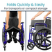 A person shows folding a Vive Health Heavy Duty Bariatric Transport Wheelchair, featuring a blue steel frame, black seat, and large wheels. The image highlights two steps for quick folding into compact storage, supporting up to 400 lbs.