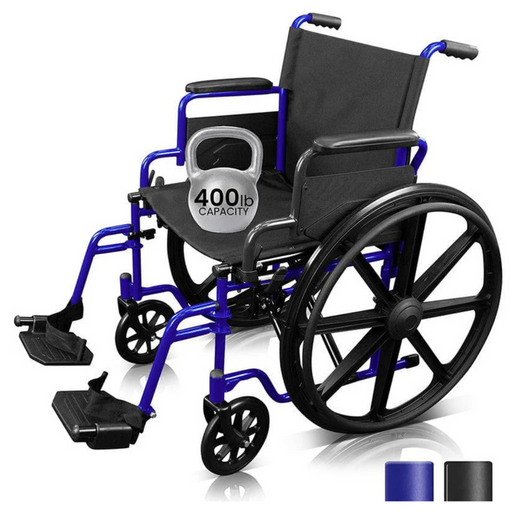 The Vive Health Heavy Duty Bariatric Transport Wheelchair is blue and black with a robust steel frame, large rear wheels, footrests, a comfortable seat, and supports up to 400 pounds.