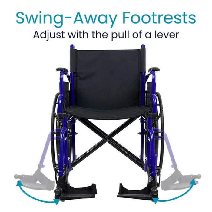 The Vive Health Heavy Duty Bariatric Transport Wheelchair in blue and black features a steel frame, swing-away footrests with a pull-lever adjustment, and supports up to 400 lbs. Arrows show footrest movement, with Swing-Away Footrests text above and Adjust with the pull of a lever below.