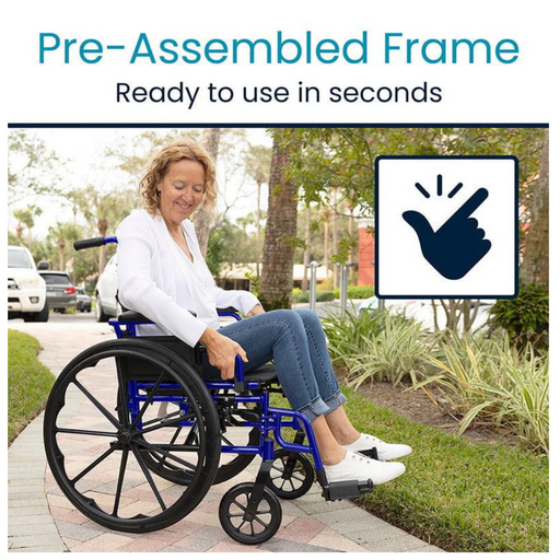 On a sunny day, someone sits in the Vive Health Heavy Duty Bariatric Transport Wheelchair, surrounded by trees and grass. It features a pre-assembled steel frame with a hand-circle icon and is designed for comfort, supporting up to 400 lbs.