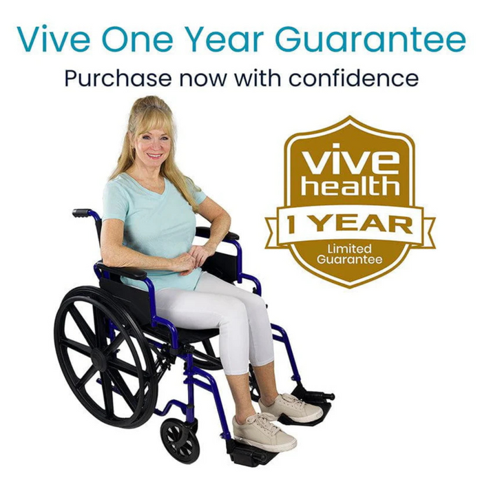 A woman smiles as she sits in a Vive Health Heavy Duty Bariatric Transport Wheelchair, boasting a steel frame and 400-lb capacity. Vive One Year Guarantee and Purchase with confidence are displayed alongside the Vive Health 1 Year Limited Guarantee logo.