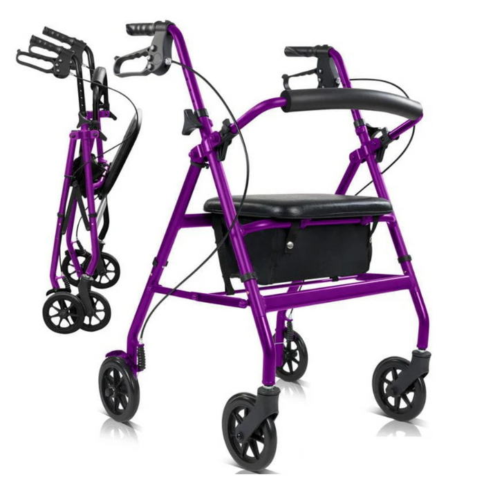 The Vive Health Lightweight Folding Rollator, weighing just 14 lbs, features a purple ultra-light aluminum frame with four wheels, a dual-braking system, and comes equipped with a seat and storage bag. It is shown in both open and folded positions for easy portability.