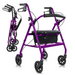 The Vive Health Lightweight Folding Rollator, weighing just 14 lbs, features a purple ultra-light aluminum frame with four wheels, a dual-braking system, and comes equipped with a seat and storage bag. It is shown in both open and folded positions for easy portability.