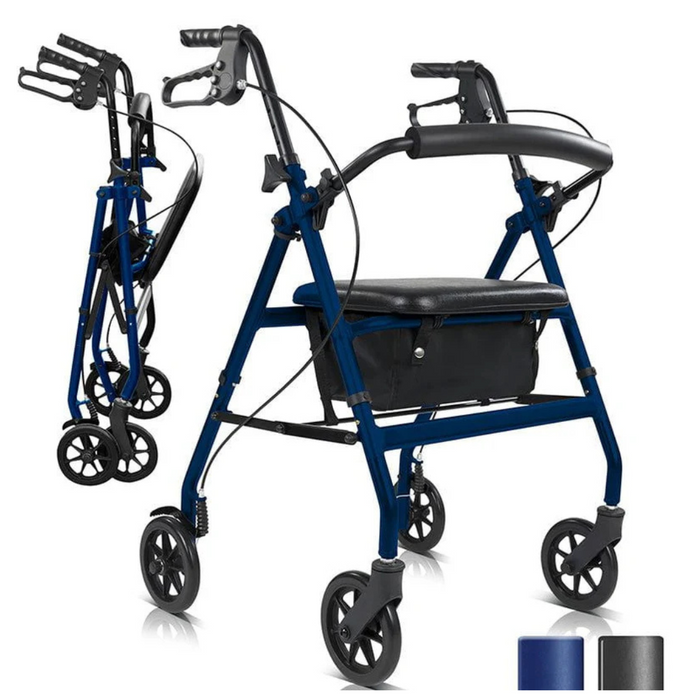 The Vive Health Lightweight Folding Rollator, weighing just 14 lbs, features an ultra-light blue aluminum frame with four wheels, cushioned seat, storage pouch under it, ergonomic hand grips, and a dual-braking system. Conveniently shown in both unfolded and folded positions.