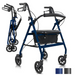 The Vive Health Lightweight Folding Rollator, weighing just 14 lbs, features an ultra-light blue aluminum frame with four wheels, cushioned seat, storage pouch under it, ergonomic hand grips, and a dual-braking system. Conveniently shown in both unfolded and folded positions.