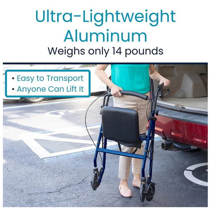 A person easily lifts the 14 lbs Vive Health Lightweight Folding Rollator from the trunk. This blue aluminum walker with four wheels and a seat offers easy transport, while its dual-braking system ensures safety on the move.