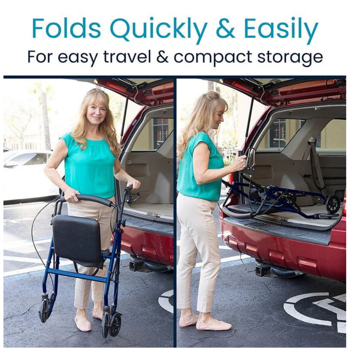 A woman in a turquoise blouse and beige pants folds a Vive Health Lightweight Folding Rollator (14 lbs). In the first image, she stands by a red vehicle with the rollator. In the second, she effortlessly places it into the trunk.