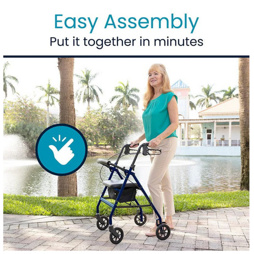 A woman strolls with a Vive Health Lightweight Folding Rollator (only 14 lbs) on a paved path by a pond among palm trees. Text reads, Easy Assembly: Put it together in minutes, accompanied by a thumbs-up graphic.