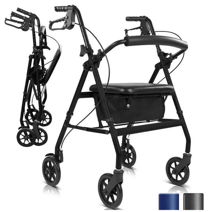 The Vive Health Lightweight Folding Rollator, weighing only 14 lbs, has a cushioned seat, storage compartment, dual-braking system for safety, and four wheels. Its shown in use and folded. Color options: blue and black.