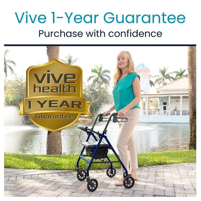 A woman smiles by a pond, using the 14 lb Vive Health Lightweight Folding Rollator. Next to her is a Vive Health 1-Year Guarantee badge. Palm trees and a building are in the background, with text above saying Purchase with confidence.