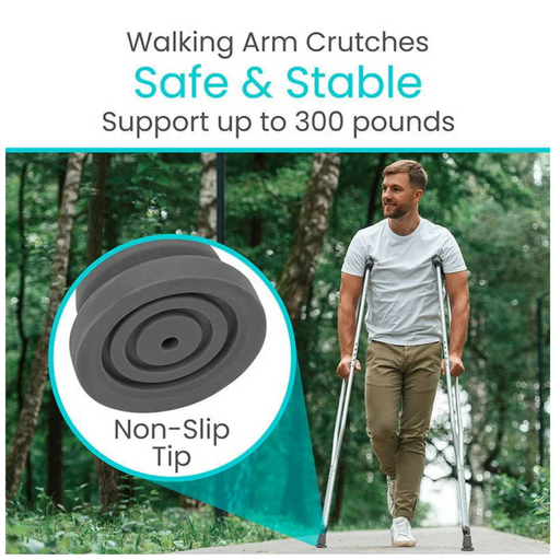 A man uses walking arm crutches on a forest path. Text reads Vive Health Underarm Crutches: Safe & Stable. Support up to 300 pounds. A close-up shows the non-slip tip and customizable sizing for personalized mobility support.