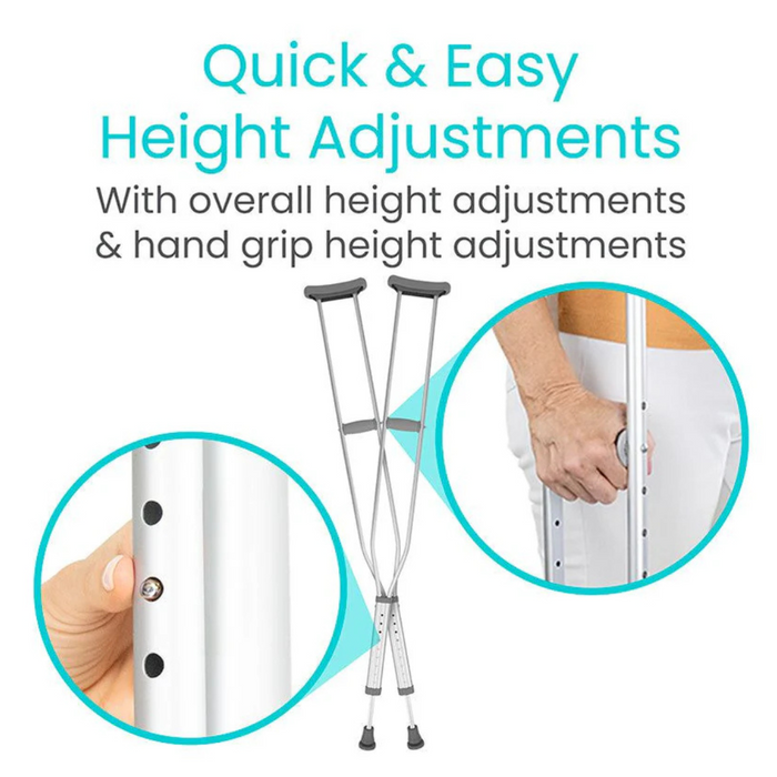 Image features Vive Health Underarm Crutches with adjustable height settings. Text states, Quick & Easy Height Adjustments with options for overall height and customizable hand grip sizing. A user is shown adjusting the hand grip for improved mobility during recovery.