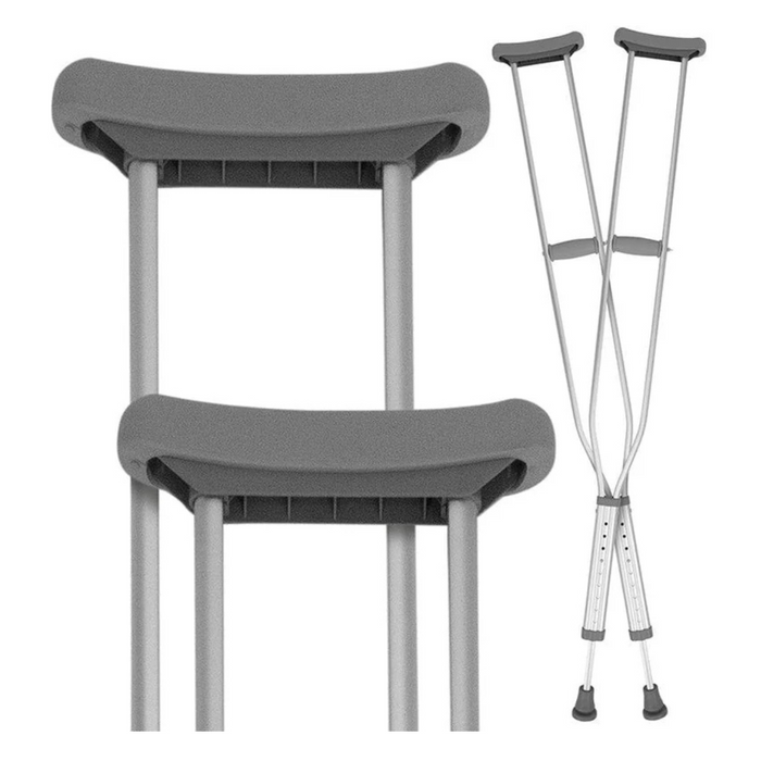 The Vive Health Underarm Crutches in gray aluminum provide optimal mobility support, with adjustable height, padded underarm supports, and ergonomic hand grips. One crutch is shown in full length, while a close-up highlights the customizable sizing of anothers top section.