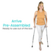 A woman wearing a sleeveless orange top and white pants uses Vive Health Underarm Crutches, smiling. Text beside her reads, Arrive Pre-Assembled. Ready to use out of the box. Ideal for mobility support and recovery assistance.