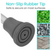 Image of a non-slip rubber tip for Vive Health Underarm Crutches, showing its grip on grass, stones, and wood. Text reads Non-Slip Rubber Tip: Safe & secure on most surfaces. Ideal for enhanced mobility support.