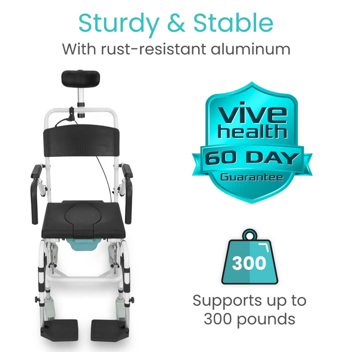 The Vive Health Reclining Shower Commode Transport Chair supports up to 300 pounds with a rust-resistant aluminum frame, adjustable recline for comfort, and comes with a 60-day guarantee. It features the Vive Health logo in teal and black for a practical, reliable design.