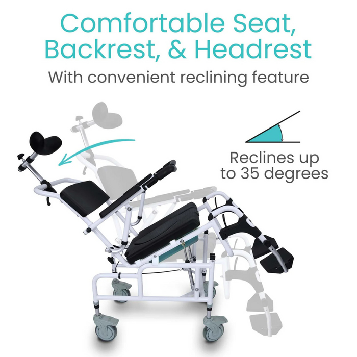 Image of the Vive Health Reclining Shower Commode Transport Chair, featuring a black and white design with headrest, backrest, and seat. Text highlights its adjustable recline of up to 35 degrees. Background shows its versatile 3-in-1 design in two reclined positions.