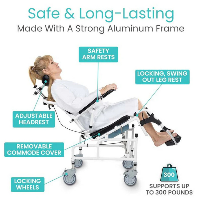 A woman demonstrates the versatile Vive Health Reclining Shower Commode Transport Chair, a 3-in-1 wheelchair featuring an adjustable headrest, safety armrests, locking wheels, swing-out leg rests, and a removable commode cover. Its sturdy aluminum frame supports up to 300 pounds.