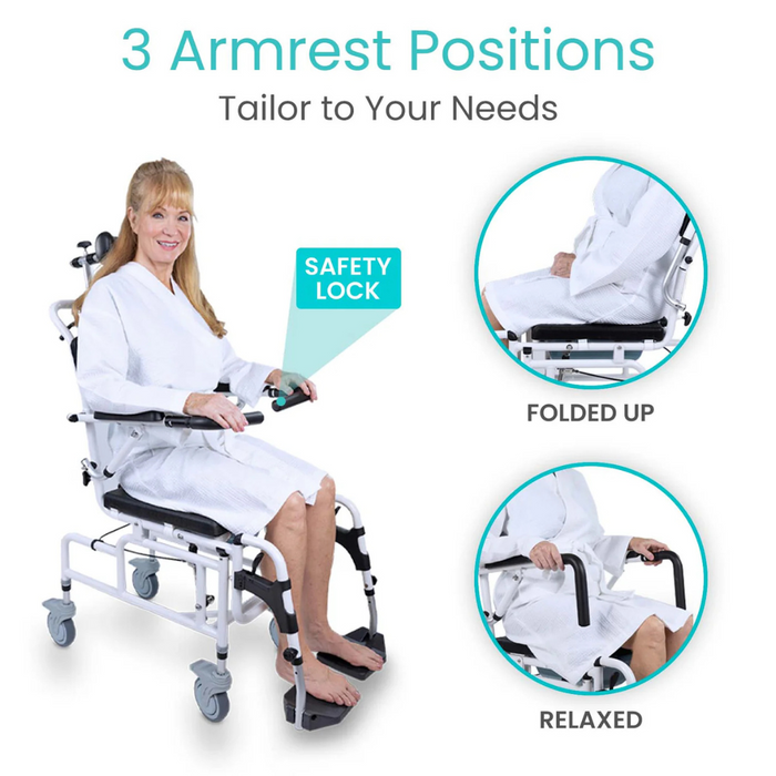 A woman in a Vive Health Reclining Shower Commode Transport Chair demonstrates its adjustable armrests, using two positions: Folded Up and Relaxed. The Safety Lock ensures secure adjustments. Text reads, 3 Armrest Positions Tailor to Your Needs, highlighting the chairs versatile 3-in-1 design.