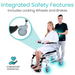 A caregiver stands behind a smiling woman seated in a Vive Health Reclining Shower Commode Transport Chair, showcasing its integrated safety features like adjustable recline and locking wheels. A label at the bottom reads Caregiver Essential with a heart and hand icon.