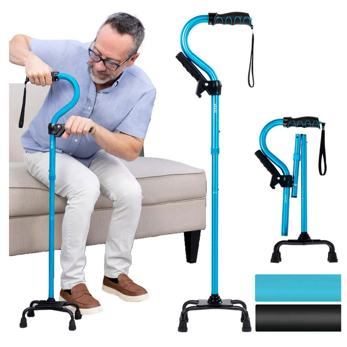 A person on a beige couch adjusts the Vive Health Stand Assist Folding Quad Cane. This blue, self-standing cane with a quad-prong base offers support and balance, featuring an ergonomic grip and wrist strap. Additional views of the lightweight aluminum cane and its parts are visible to the right.