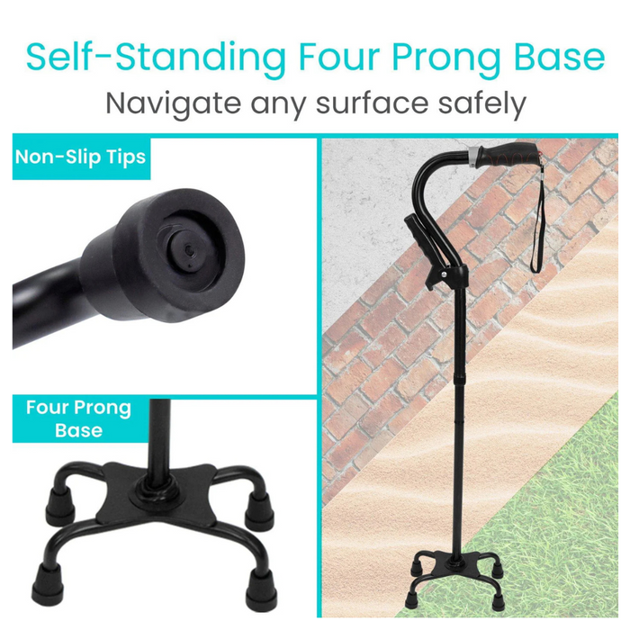 Image of the Vive Health Stand Assist Folding Quad Cane with a lightweight aluminum design. Features a self-standing quad-prong base with non-slip tips, transitioning from tile to grass. Text highlights: Self-Standing Quad-Prong Base and Navigate any surface safely.