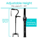 The Vive Health Stand Assist Folding Quad Cane is a lightweight aluminum walking aid with a self-standing quad-prong base, suitable for users 5 to 65. Its height adjusts from 28 to 37 in 1 increments and includes an ergonomic handle with a wrist strap for secure use.