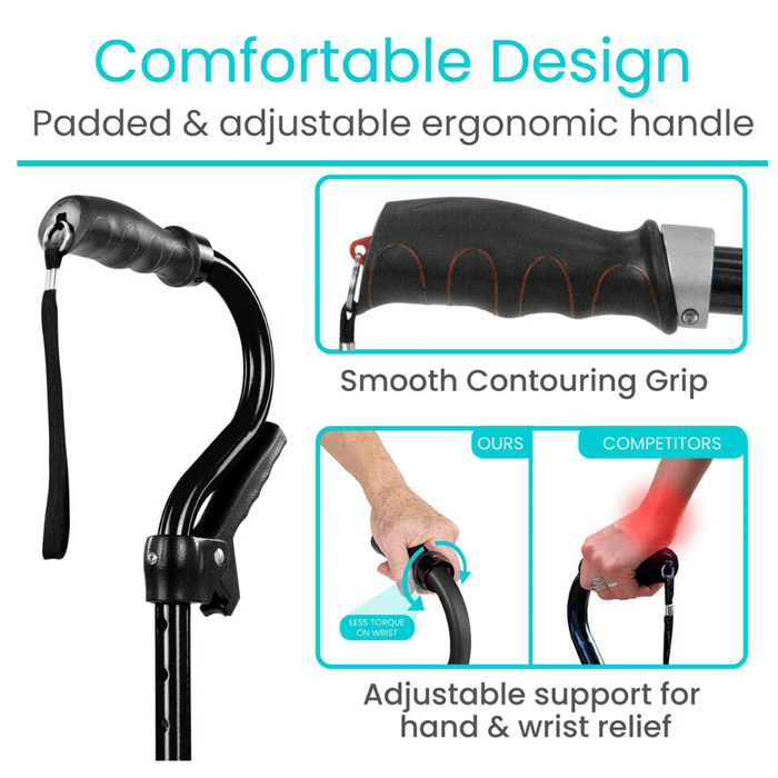 Close-up of the Vive Health Stand Assist Folding Quad Cane, featuring a lightweight aluminum build and padded ergonomic handle with smooth contouring grip. An inset comparison highlights the canes grip for hand and wrist relief versus competitors. Its self-standing quad-prong base adds stability.