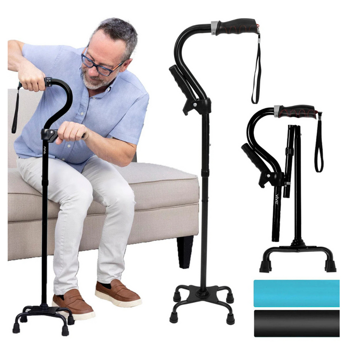 A person demonstrates the Vive Health Stand Assist Folding Quad Cane with ergonomic handles and a quad-prong base for couch stability. The lightweight aluminum cane is shown in extended and folded positions, available in blue and black colors.