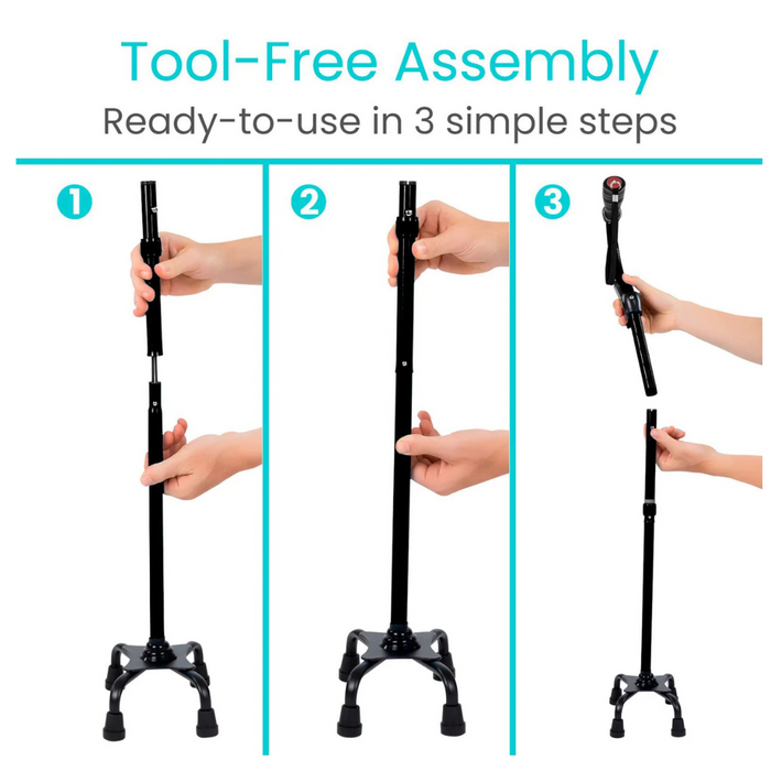 An instructional image shows the tool-free assembly of a Vive Health Stand Assist Folding Quad Cane in 3 steps: aligning the lightweight aluminum pole, connecting sections, and extending the handle. Top text reads, Tool-Free Assembly: Ready-to-use in 3 simple steps.