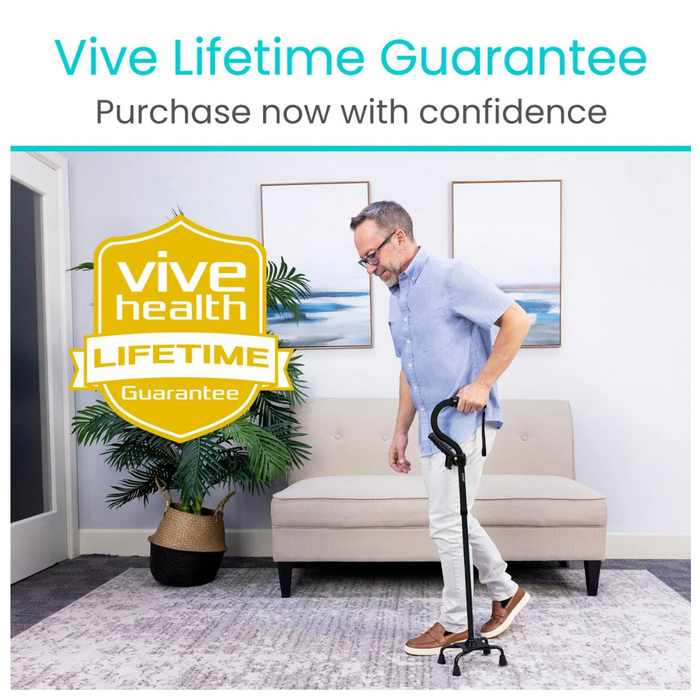 A man confidently walks in a living room using the Vive Health Stand Assist Folding Quad Cane, featuring a lightweight aluminum build with a self-standing quad-prong base. The image promotes the Vive Lifetime Guarantee, encouraging purchases with confidence.