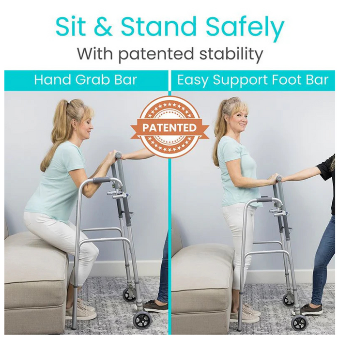 A woman demonstrates using the Vive Health Footbar Standing Walker with 5 Inch Wheels for safe sitting and standing. The image highlights a hand grab bar, easy support foot bar, and patented stability features as she receives assistance from another person for enhanced mobility.