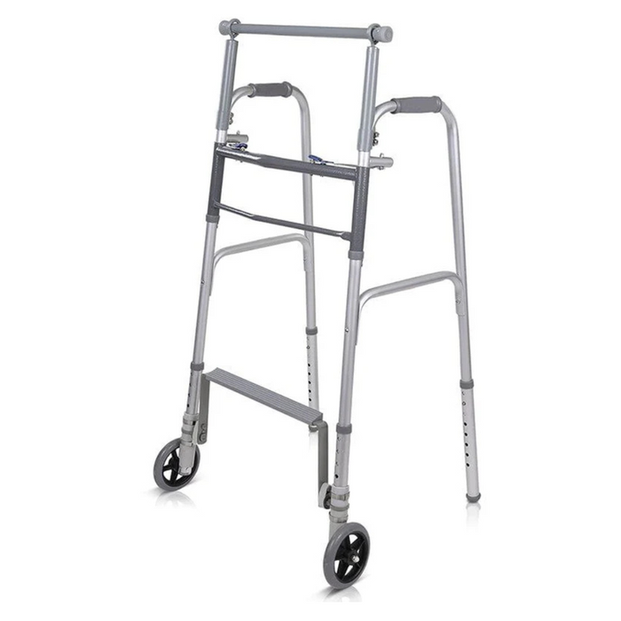 The Vive Health Footbar Standing Walker features a silver foldable design with 5-inch front wheels, rubber-tipped back legs, adjustable height settings, and padded handgrips for enhanced mobility, comfort, and user support.