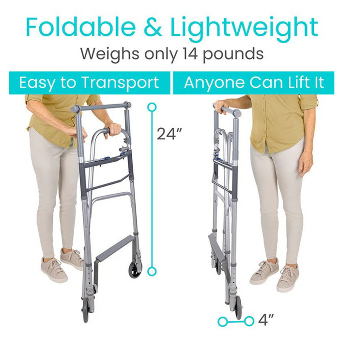 A person demonstrates the foldable, lightweight Vive Health Footbar Standing Walker with 5-inch wheels, weighing 14 pounds. It is shown folded and open, highlighting enhanced mobility, ease of transport, a 24-inch height, and a 4-inch width when folded.