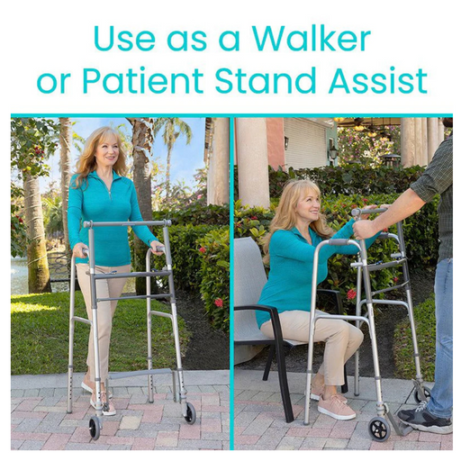 The two images display a woman using the Vive Health Footbar Standing Walker with 5 Inch Wheels. In the first, she experiences enhanced mobility outdoors, while in the second, she stands from a chair with someone’s help, showcasing its adjustable fit for comfort and support.