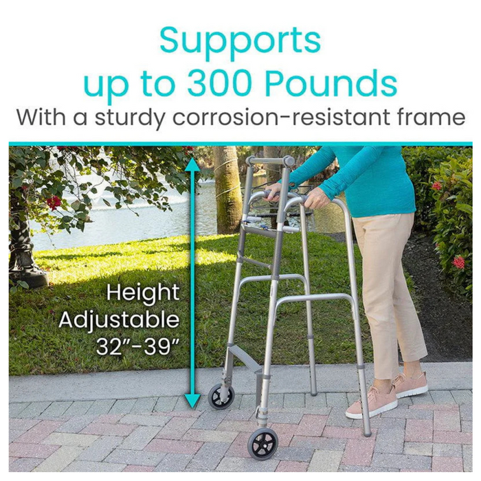 Using the Vive Health Footbar Standing Walker with 5-inch wheels, a person strolls near a lake. It provides enhanced mobility for users up to 300 pounds and features an adjustable height ranging from 32 to 39 inches.