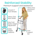 A woman uses the Vive Health Footbar Standing Walker with 5 wheels, heavy-duty back glides, and easy push-button height adjustment for a custom fit. Its durable aluminum frame and foot support bar offer reinforced stability with a 300 lb weight capacity.