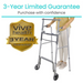 A person using a Vive Health Footbar Standing Walker with 5-inch wheels showcases the gold badge that reads Vive Health 3-Year Guarantee. This adjustable stand-assist walker enhances mobility, letting you purchase confidently with the 3-year limited guarantee.