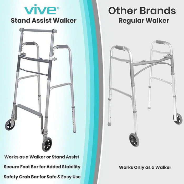 Comparison image: Left - Vive Health Footbar Standing Walker with 5-inch wheels, footbar, and safety grab bar for enhanced mobility; Right - Regular walker without these features. Text highlights the Vive walkers additional functions and foldable design for greater convenience and support.