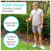 A man in a gray t-shirt and shorts stands on grass holding a Vive Health Carved Wooden Walking Stick with a decorative handle. Text reads: Stylish Design: Comfort, Safety, and Style, Decorative Handle, Crafted from Natural Wood, and features a non-slip rubber tip for stability.