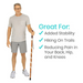 A man in gray attire holds the Vive Health Carved Wooden Walking Stick. Text reads, Great For: Added Stability, Hiking On Trails, Reducing Pain in Back, Hip & Knees, with checkmarks. Elegant willow bark design and a non-slip rubber tip ensure both style and safety.