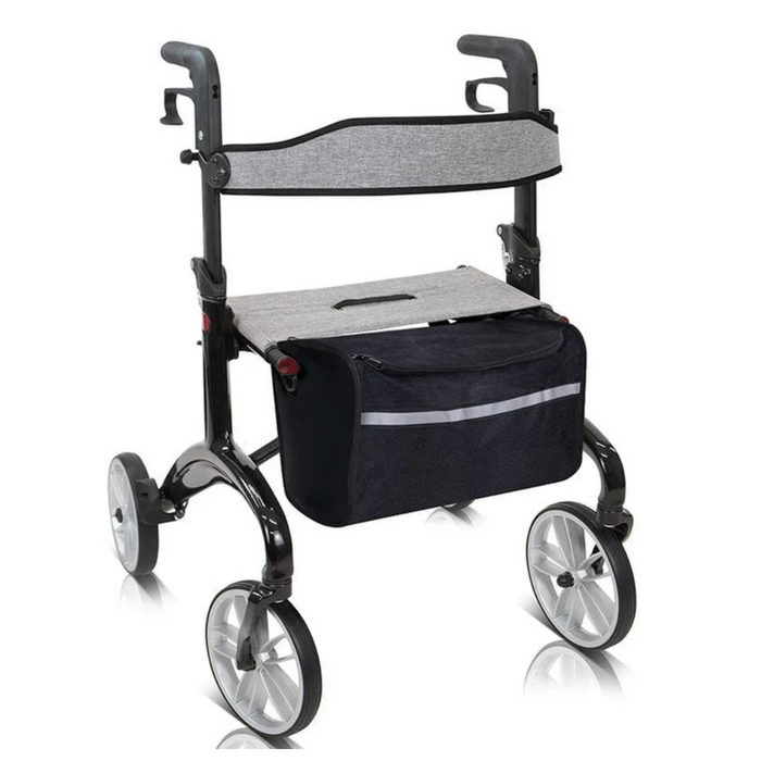 The Vive Health Carbon Fiber Euro-Style Rollator, weighing just 14.5 lbs, features a foldable design with four wheels for easy maneuvering, a comfortable seat, ergonomic handlebars, and a storage bag with a reflective safety strip on the front.