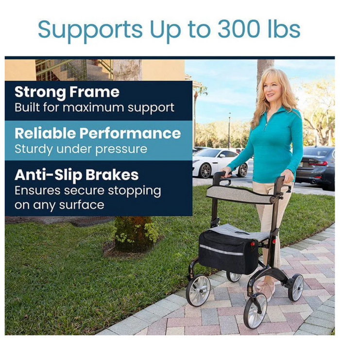 A woman pushes a Vive Health Carbon Fiber Euro-Style Rollator on a paved path with grass and trees. The image highlights its lightweight 14.5 lbs frame, reliable performance, foldable design, anti-slip brakes, and support for up to 300 lbs.