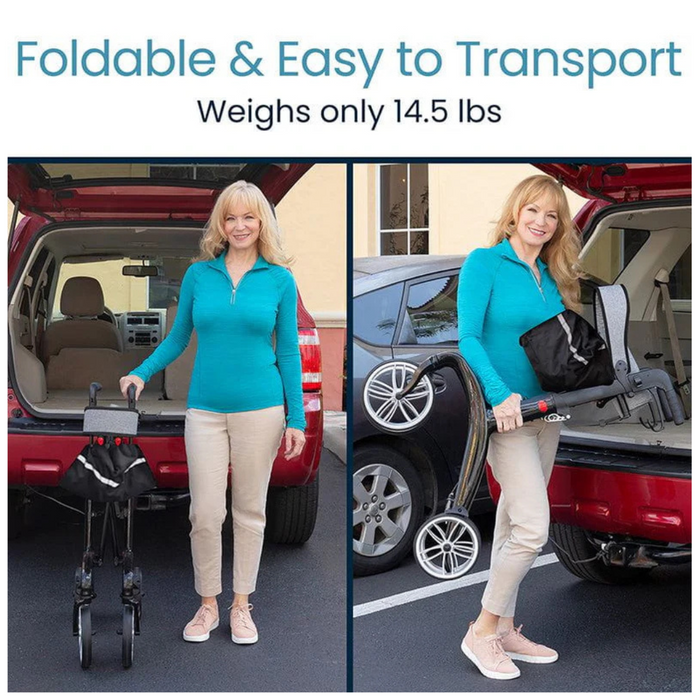 A woman demonstrates loading the Vive Health Carbon Fiber Euro-Style Rollator into a car trunk. Weighing just 14.5 lbs, this lightweight design emphasizes easy portability. Casually dressed and smiling, she effortlessly manages the rollator.