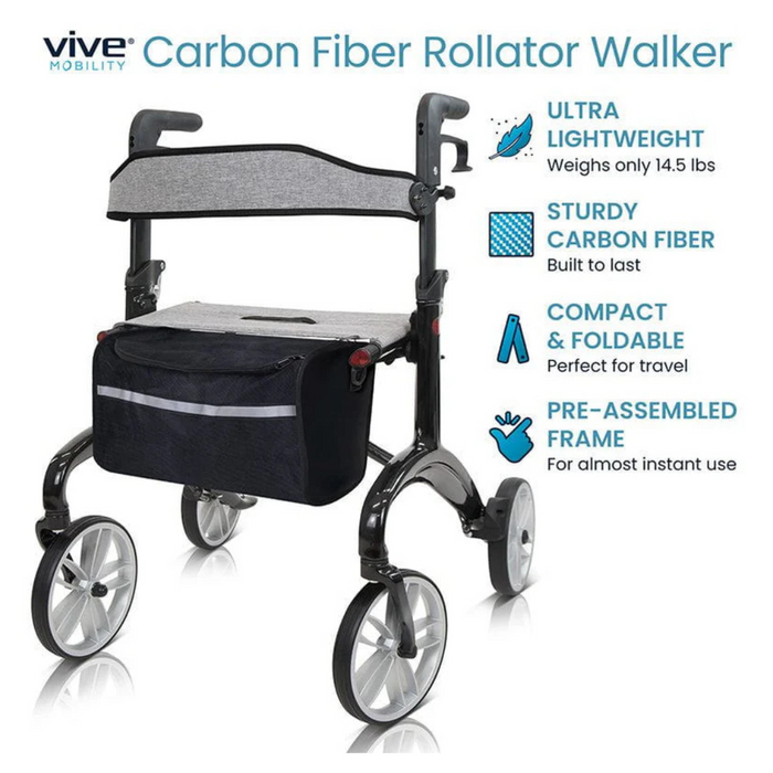 Explore the Vive Health Carbon Fiber Euro-Style Rollator, weighing just 14.5 lbs. Made from sturdy carbon fiber, its compact, foldable, and pre-assembled with a storage bag and four wheels to ensure easy maneuverability for travel.